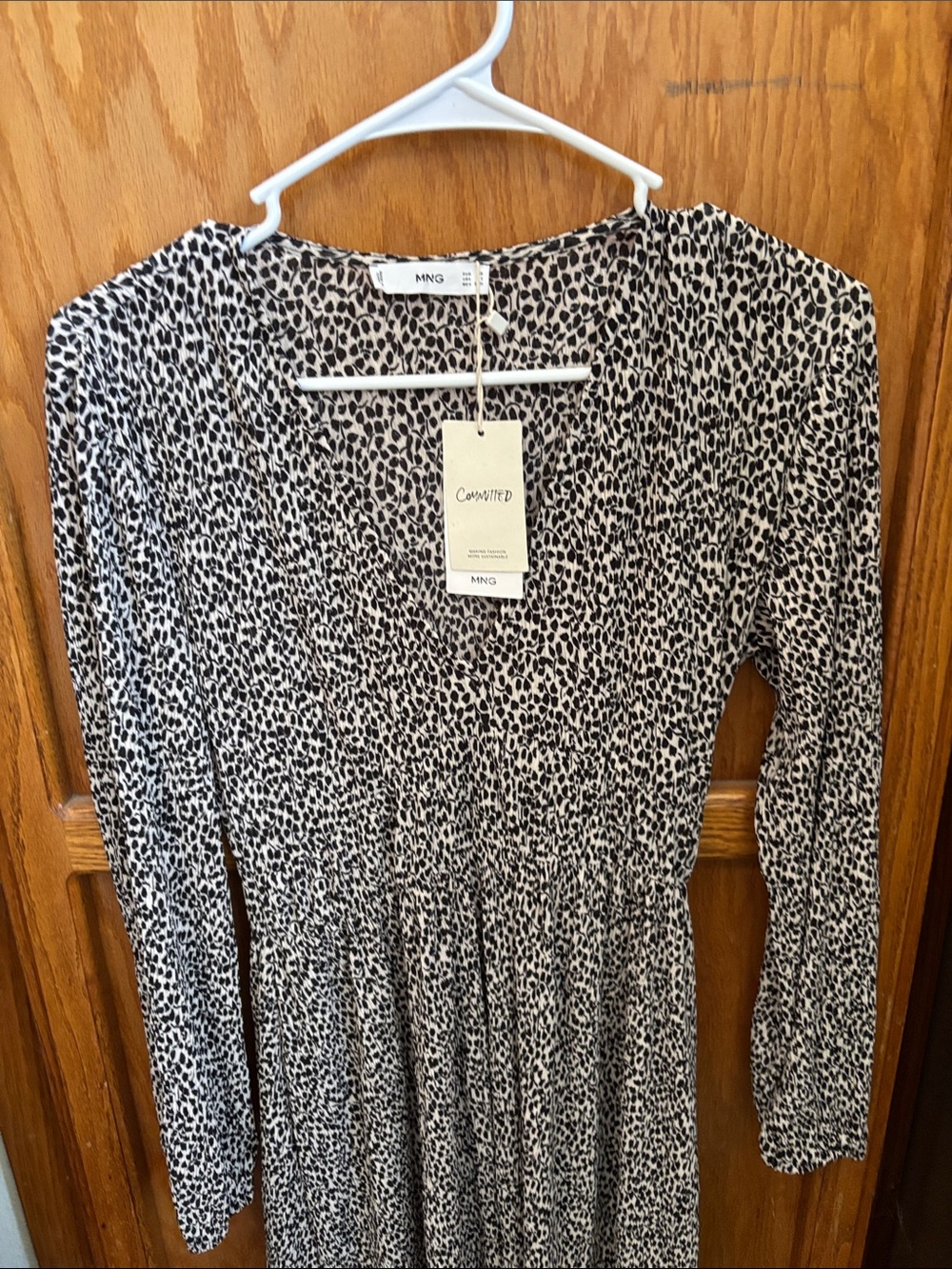 Mango Black and White Animal-Print Long Sleeve Dress